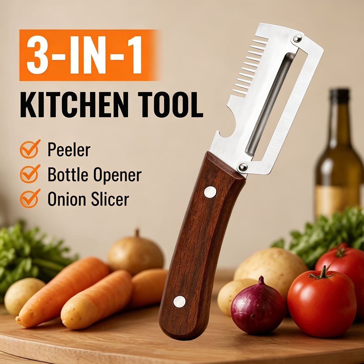 3-in-1 Stainless Steel Peeler Knife – Multifunctional Fruit & Vegetable Peeler with Wooden Handle