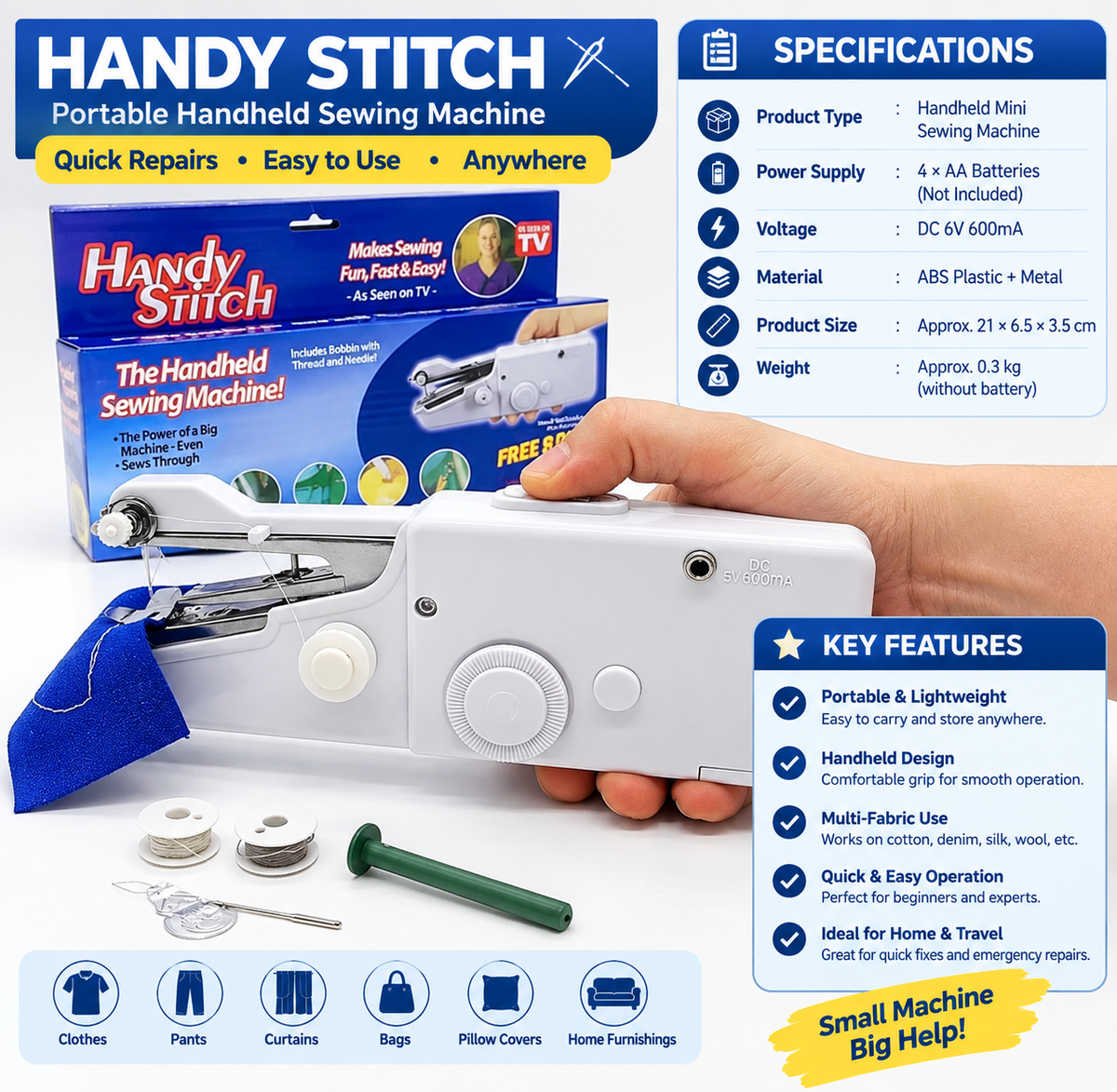 Handy Stitch Portable Sewing Machine – Cordless Mini Sewing Machine for Quick Fabric Repairs