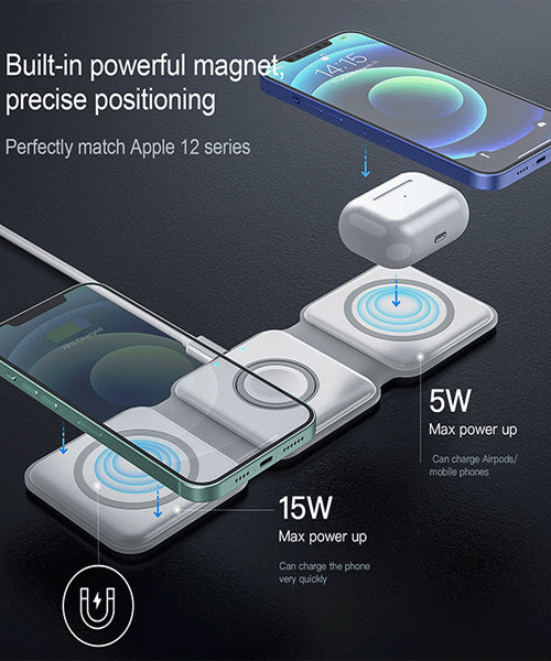 3-in-1 Magnetic Wireless Charging Station – 15W Foldable Fast Charger for iPhone, AirPods & Smartwatch