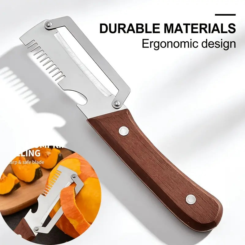 3-in-1 Stainless Steel Peeler Knife – Multifunctional Fruit & Vegetable Peeler with Wooden Handle