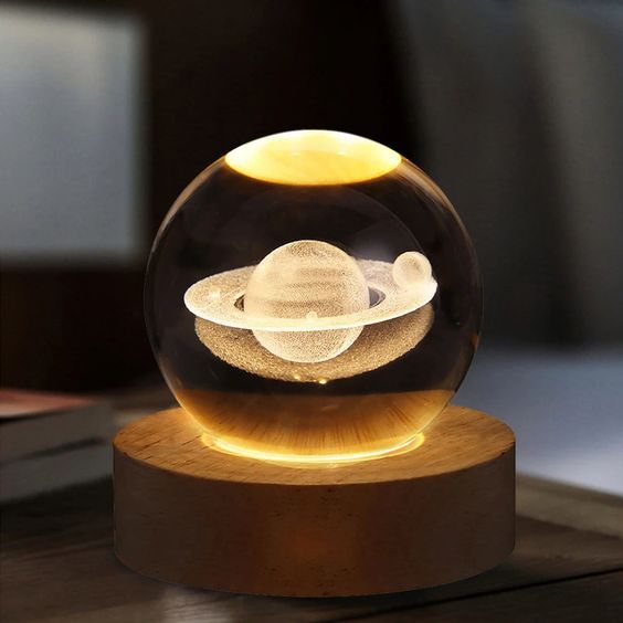3D Crystal Ball LED Table Lamp – Solar System & Galaxy Design with Wooden Base
