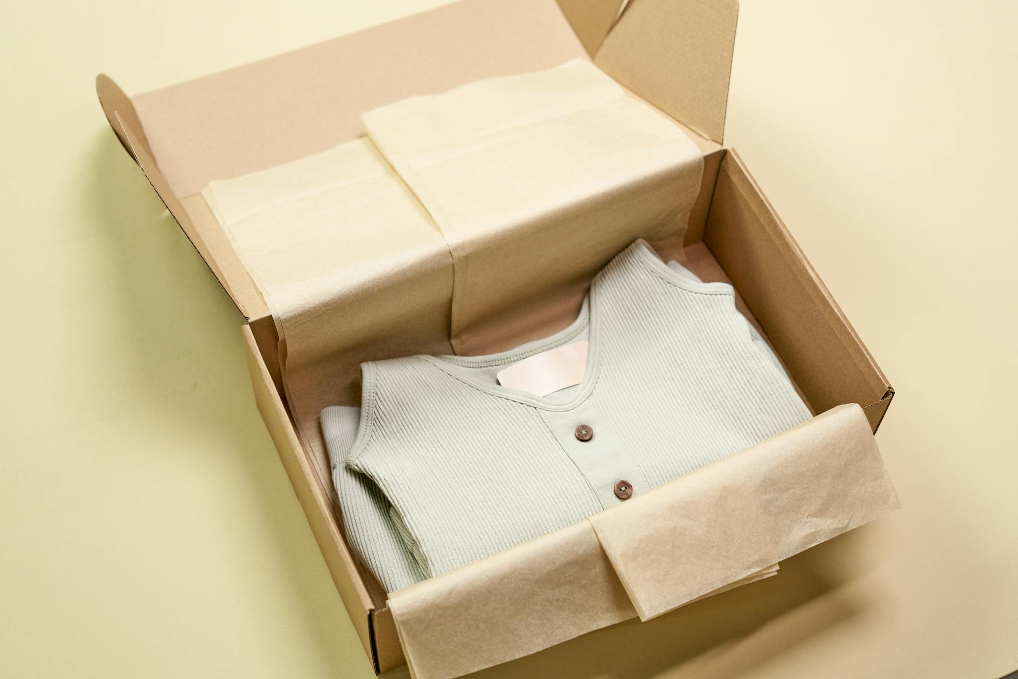 Sustainable wardrobe piece neatly packed in recyclable materials for an eco-conscious lifestyle.